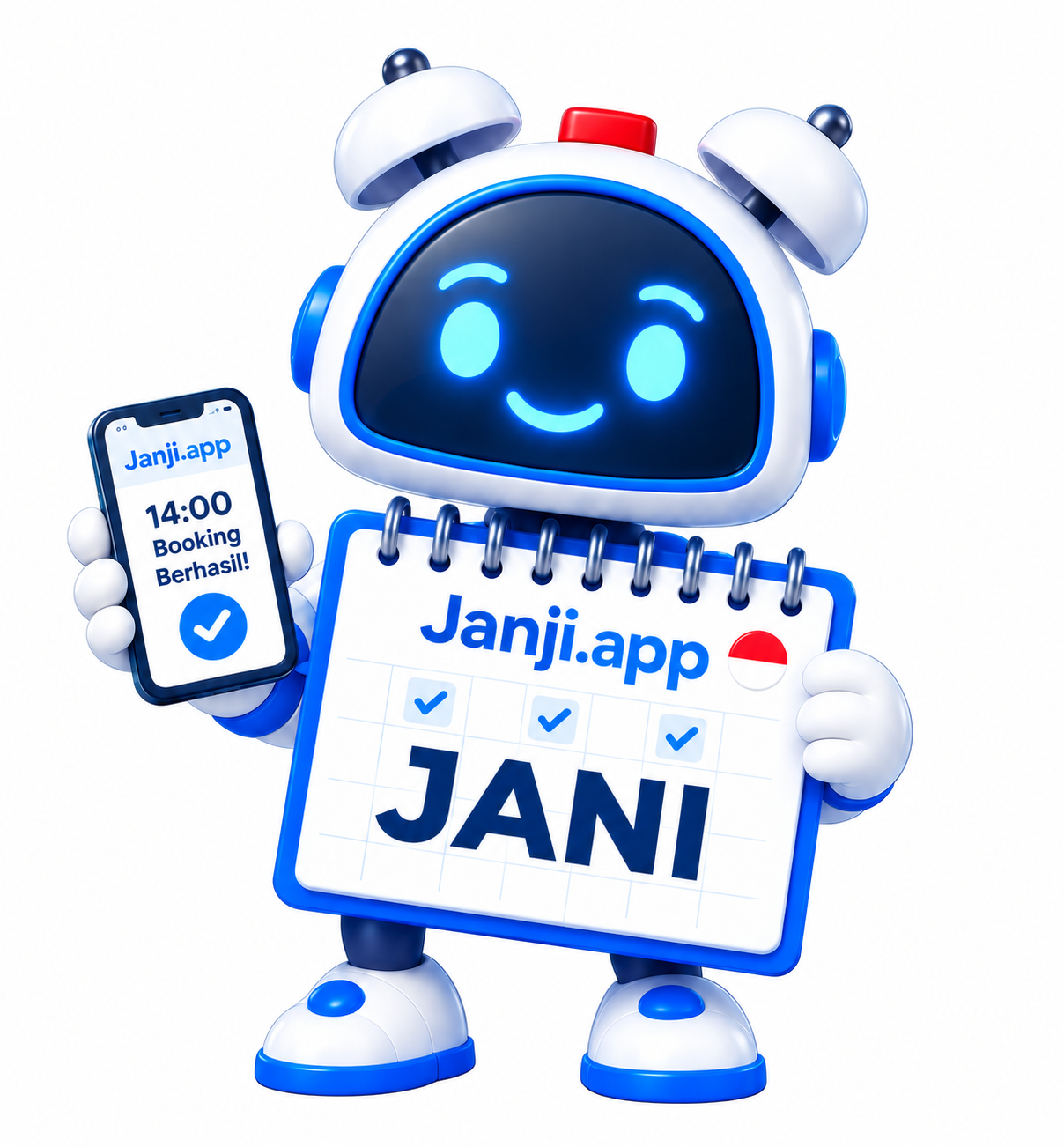 Jani, maskot robot Janji.app, membawa kalender booking dan ponsel